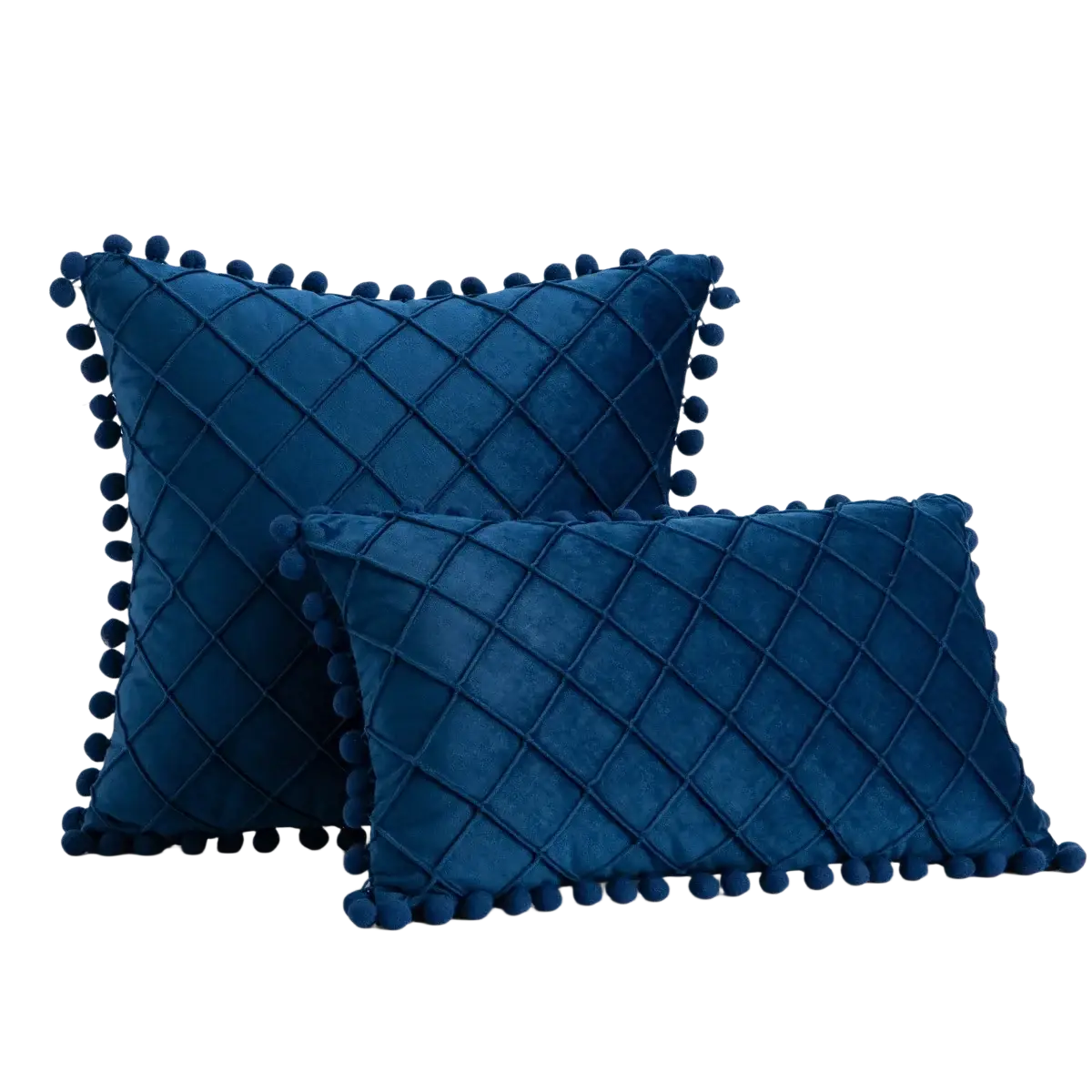 Deep blue velvet pillow covers with diamond-quilted pattern and decorative pom-pom trim receiving positive feedback