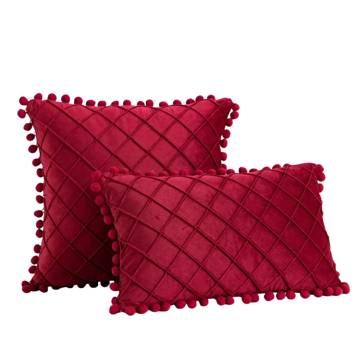 Deep red velvet pillow covers with diamond-quilted pattern and pom-pom trim receiving positive feedback