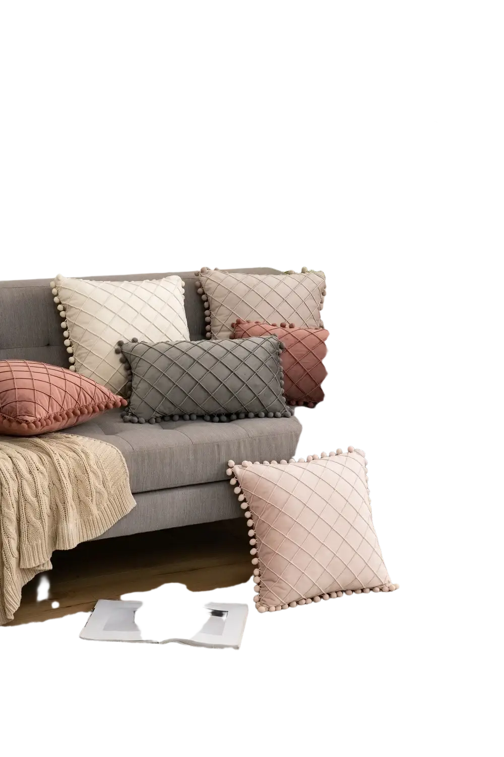 Soft blush pink quilted diamond pillow cover with fluffy pom-poms offers positive feedback for pillow covers quality