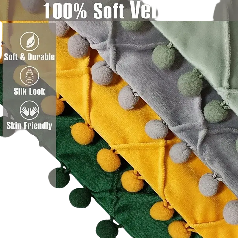 Gray velvet pillow cover with yellow green and gray soft velvet fabric and matching pom-pom trim for pillow covers positive feedback