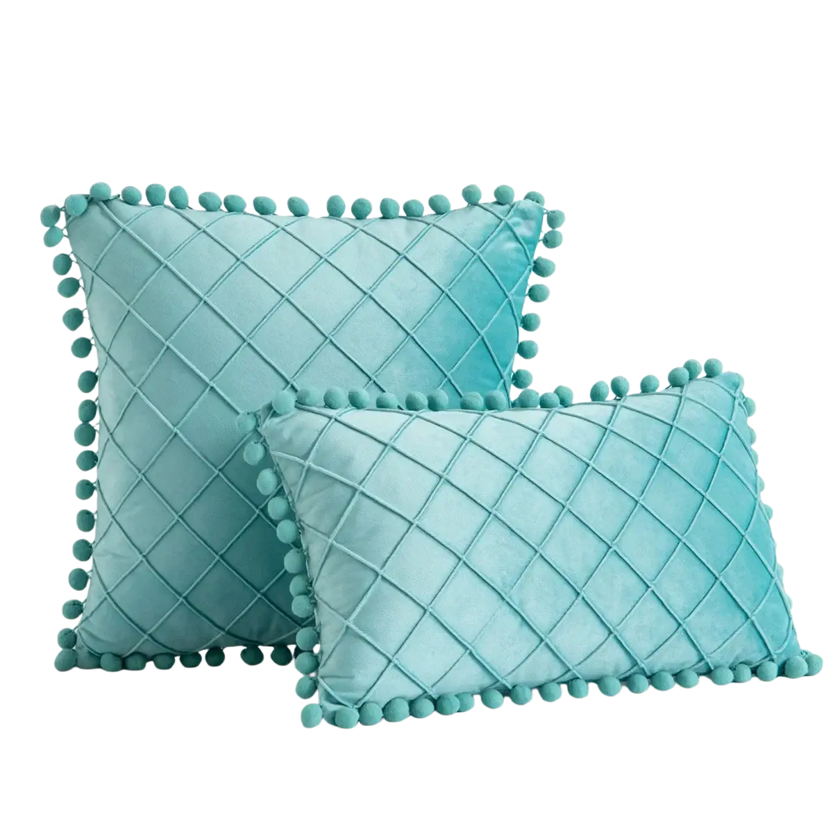 Gray velvet pillow cover with pom-poms featuring teal velvet diamond-quilted pillow covers receiving positive feedback
