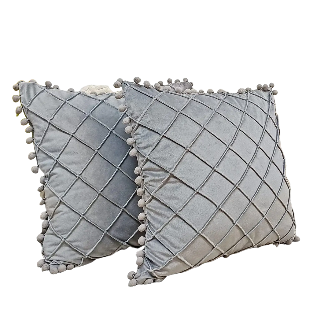Gray velvet pillow cover with pom-poms featuring a diamond grid pattern and soft velvet material with positive feedback
