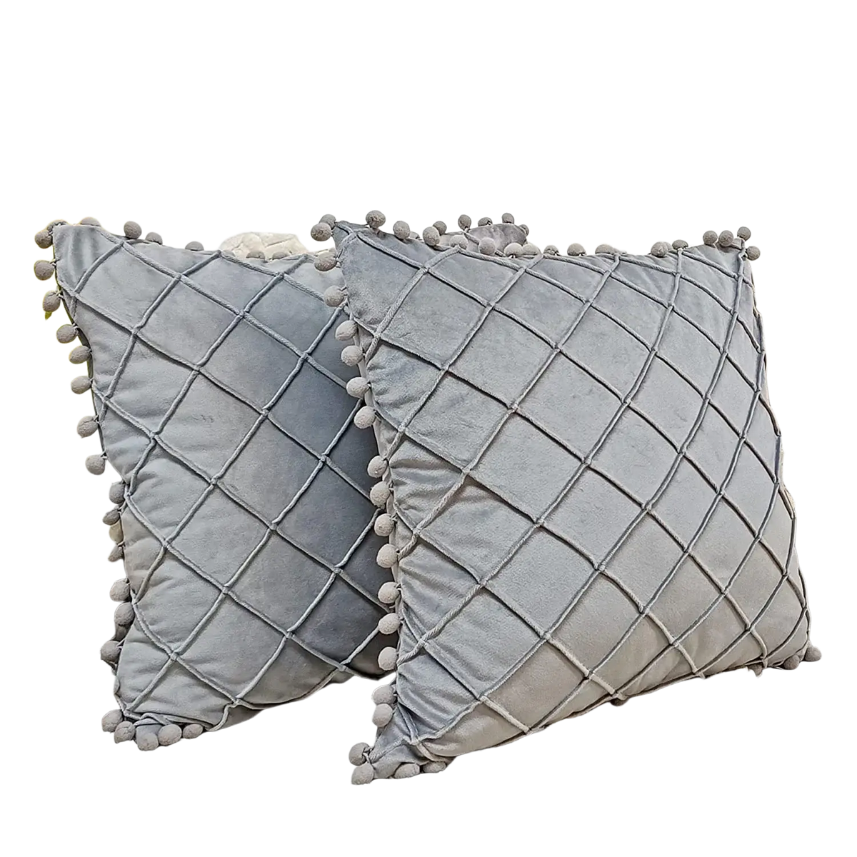 Gray velvet pillow cover with pom-poms featuring a diamond grid pattern and soft velvet material with positive feedback