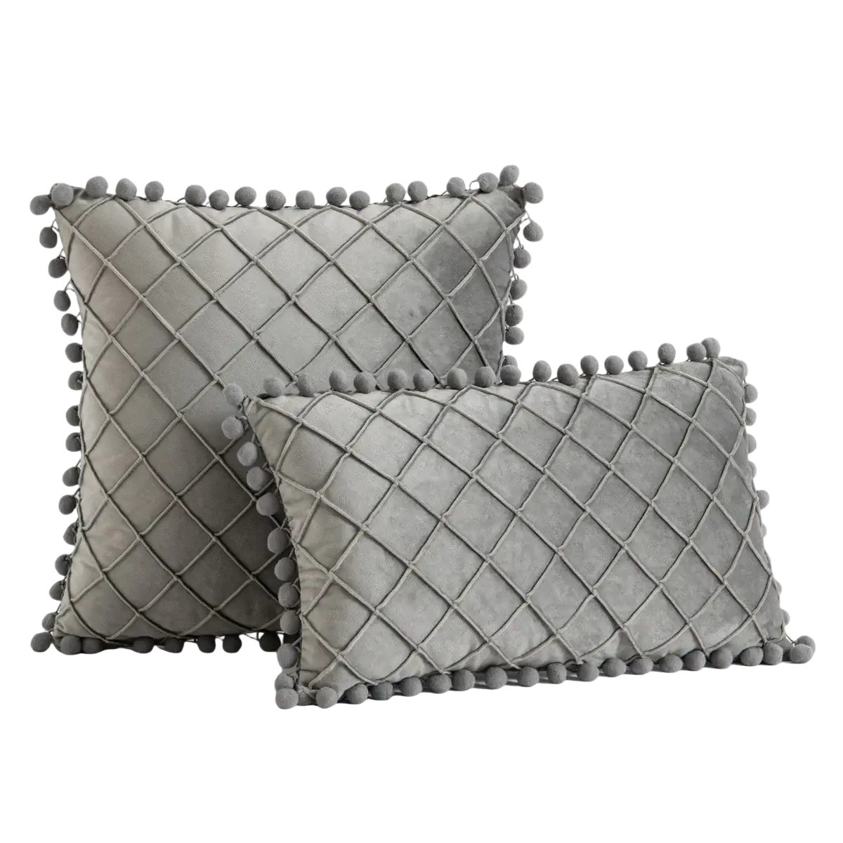 Gray velvet pillow cover with pom-poms and diamond-quilted pattern offering positive feedback for pillow covers