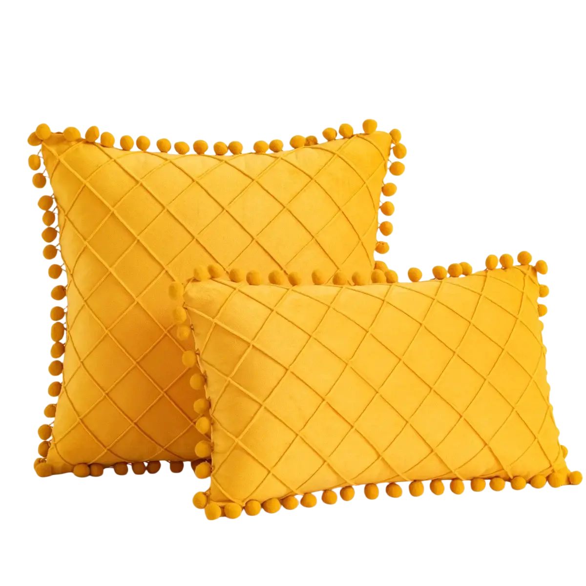 Vibrant yellow velvet pillow covers with diamond-quilted pattern and pom-pom trim receiving positive feedback
