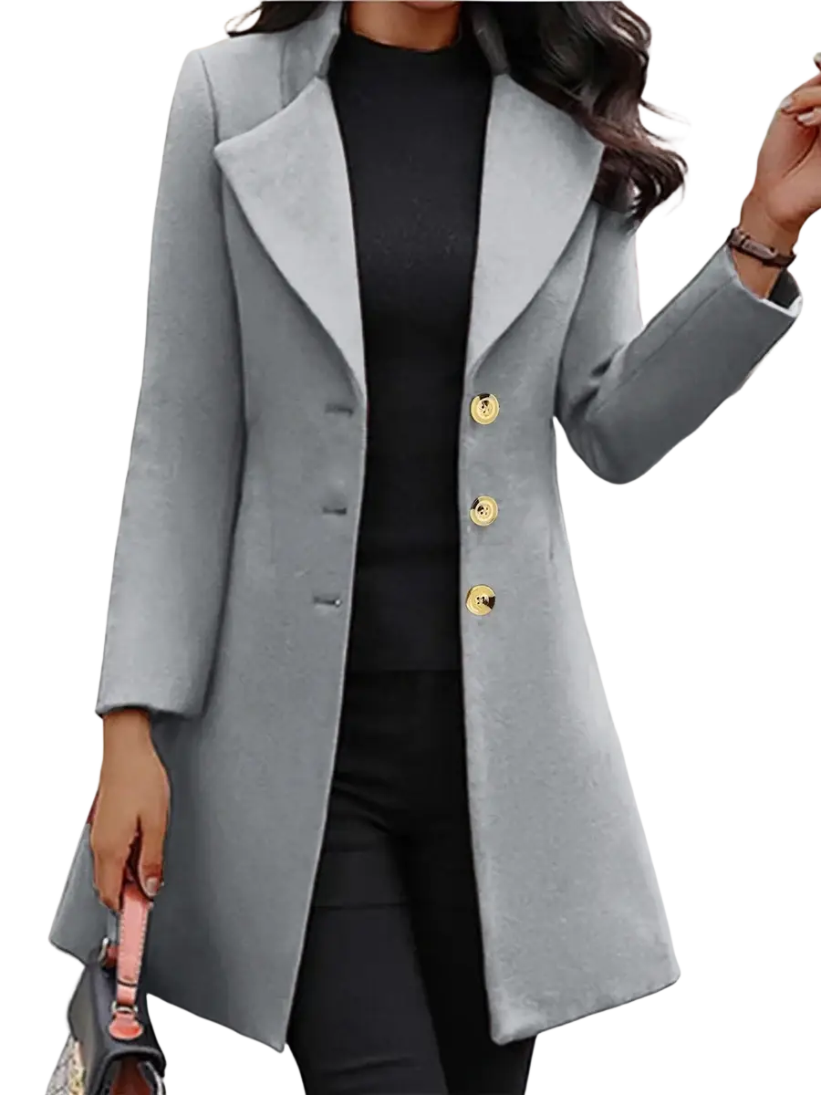 Light gray slim fit woolen coat with gold tone buttons and long jacket style
