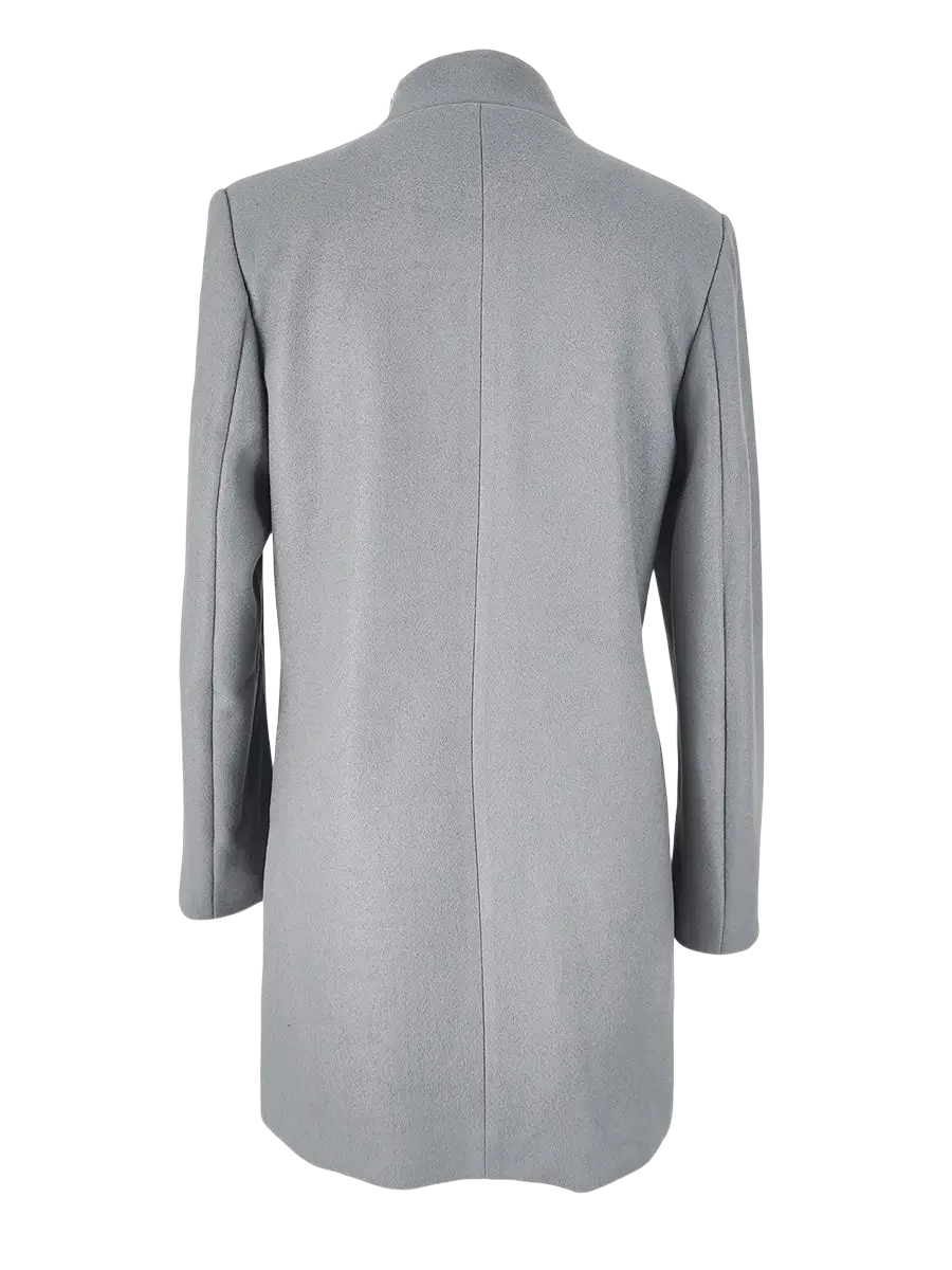 Back view of a sleek light gray slim fit woolen coat with structured back and subtle vertical seam detailing