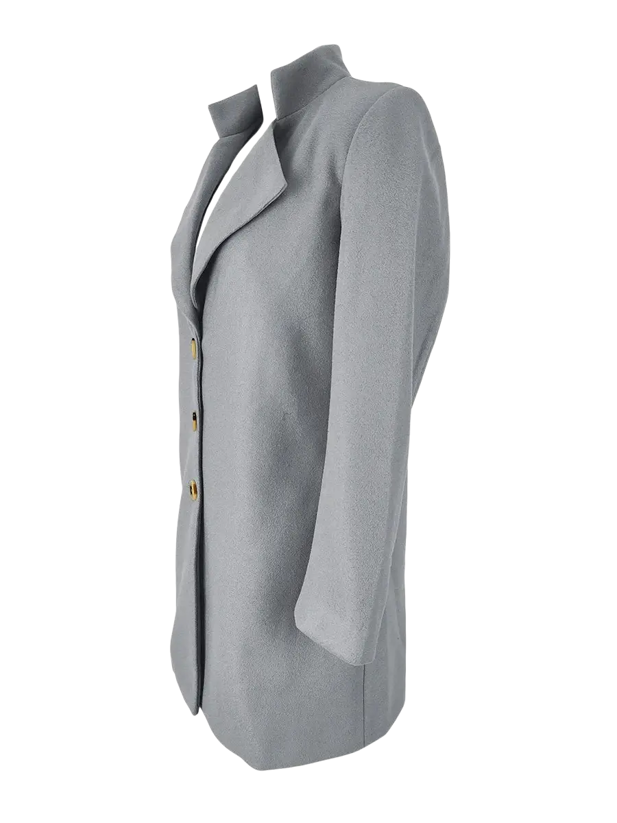 A sleek light gray woolen coat slim fit long jacket with structured collar and gold toned buttons
