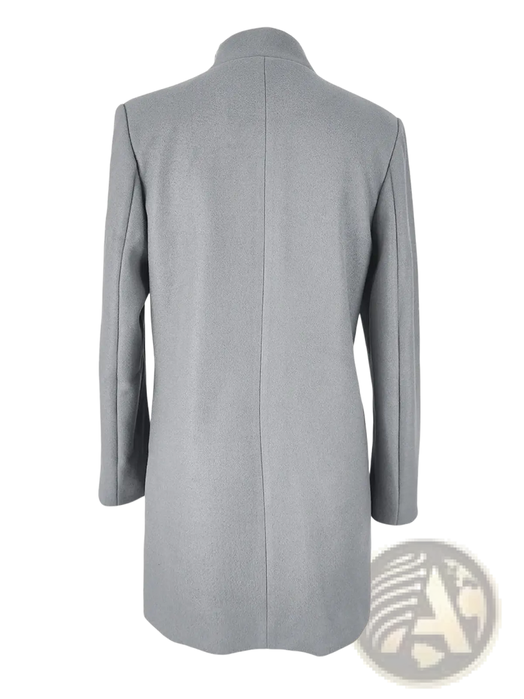 Back view of a sleek light gray slim fit woolen coat with structured back and subtle vertical seam detailing
