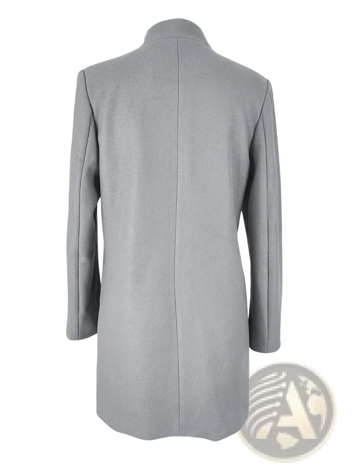 Back view of a sleek light gray slim fit woolen coat with structured back and subtle vertical seam detailing