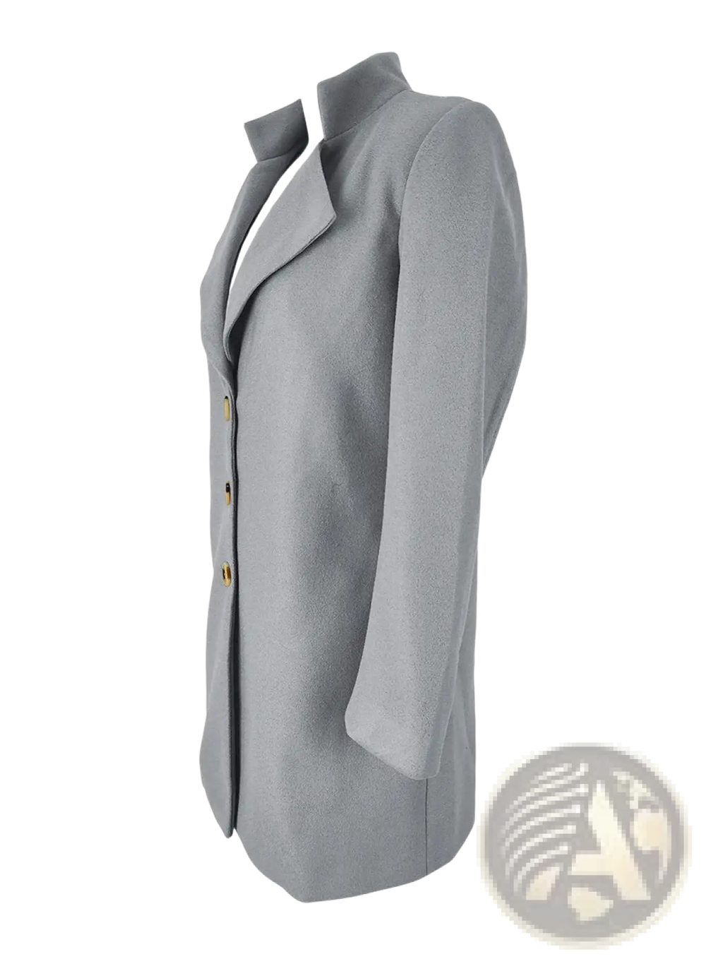 A sleek light gray woolen coat slim fit long jacket with structured collar and gold toned buttons