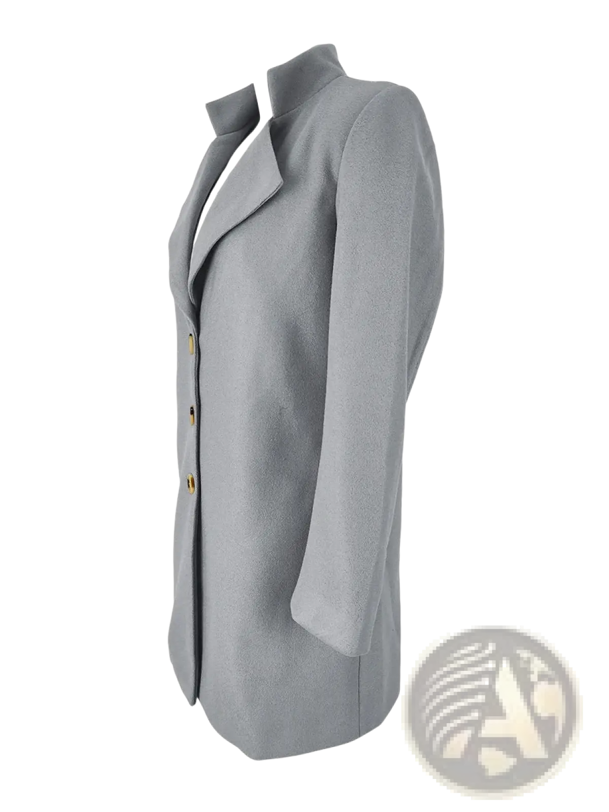A sleek light gray woolen coat slim fit long jacket with structured collar and gold toned buttons