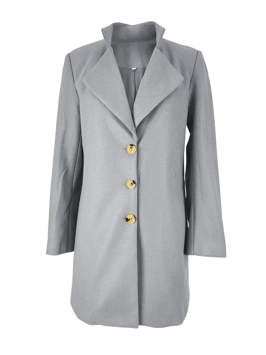 Gray woolen coat slim fit long jacket with gold-tone buttons and a notched collar in gray wool fabric