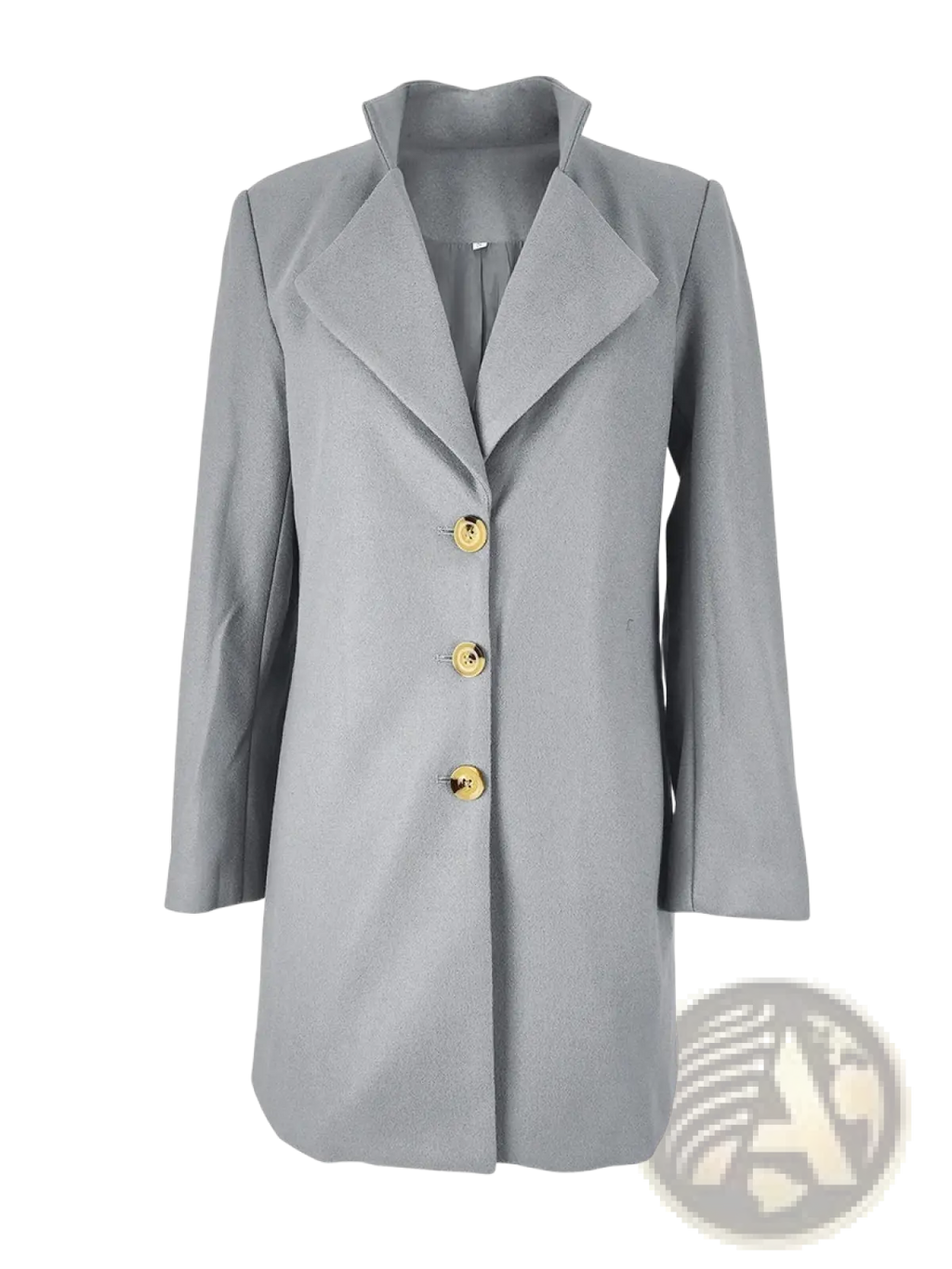 Gray woolen coat slim fit long jacket with gold-tone buttons and a notched collar in gray wool fabric