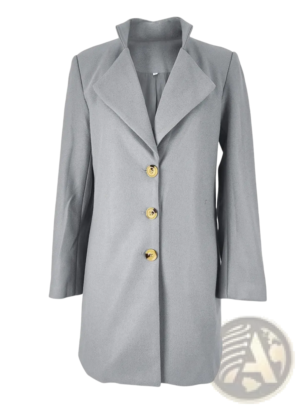 Gray woolen coat slim fit long jacket featuring gold-tone buttons and a notched collar in wool material