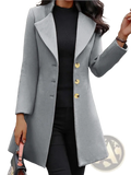 Light gray slim fit woolen coat with gold tone buttons and long jacket style
