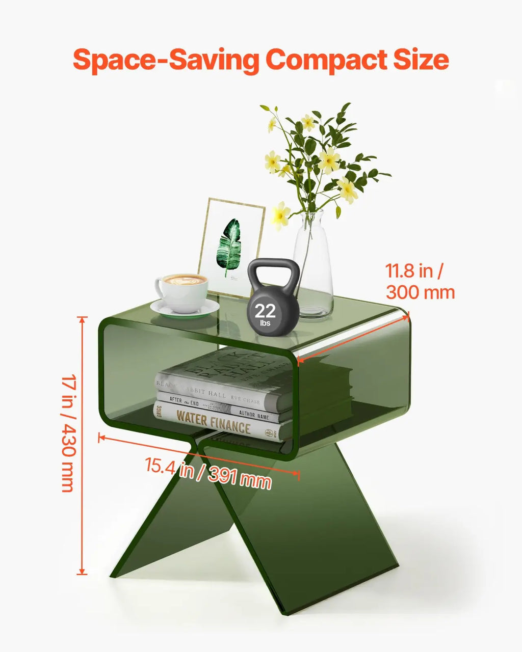 Olive green acrylic modern side table with sleek x-shaped base and two tiers ideal as a nightstand