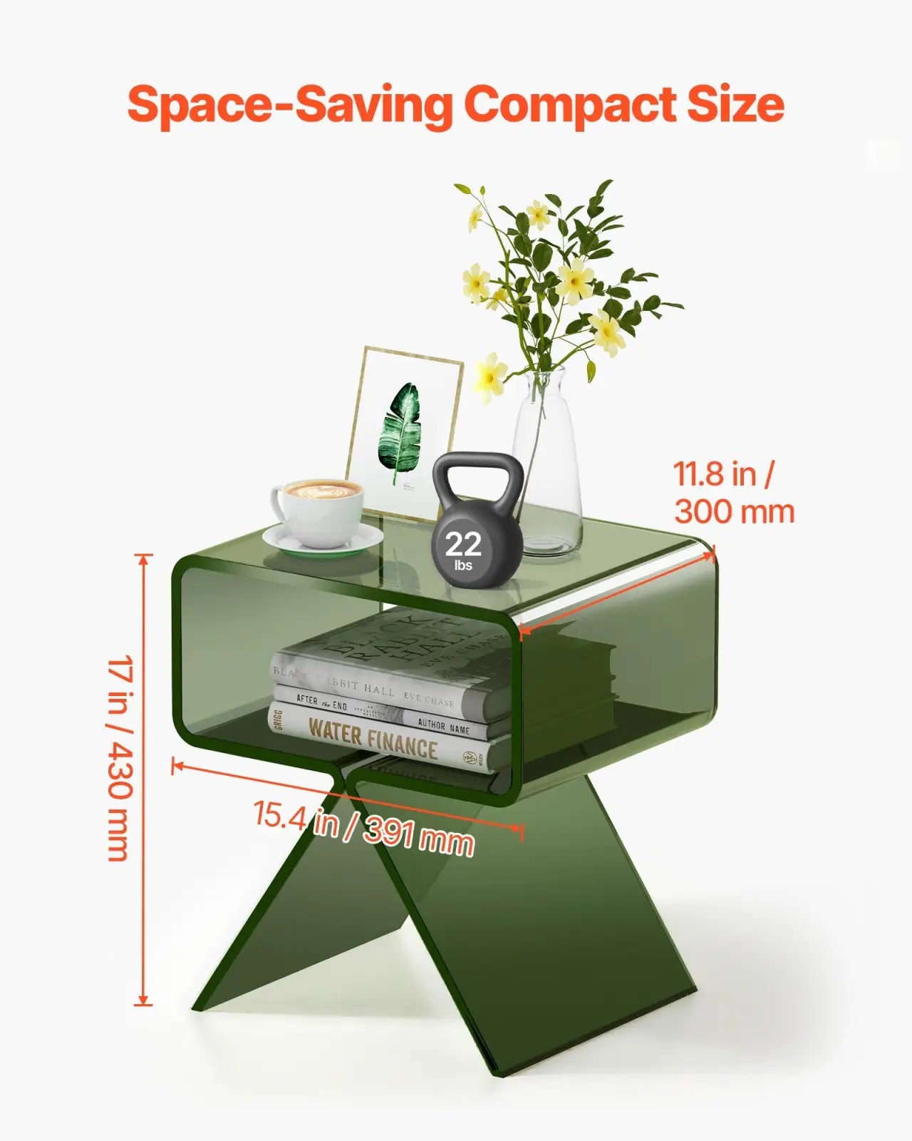 Olive green acrylic modern side table with sleek x-shaped base and two tiers ideal as a nightstand