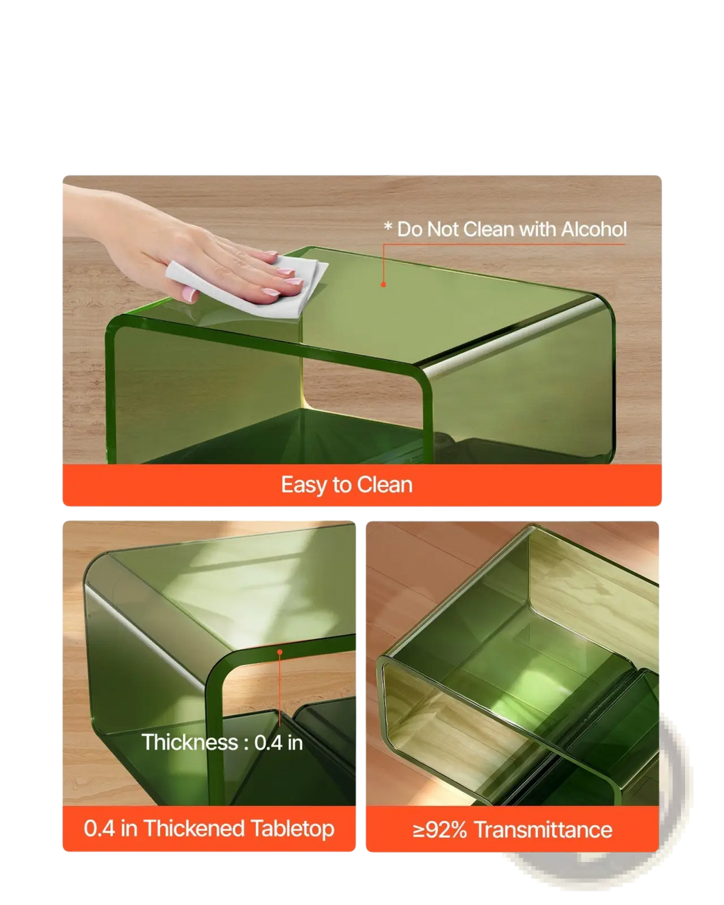 Green acrylic nightstand modern 2-tier side table with a sleek translucent geometric design and 0.4-inch thick tabletop