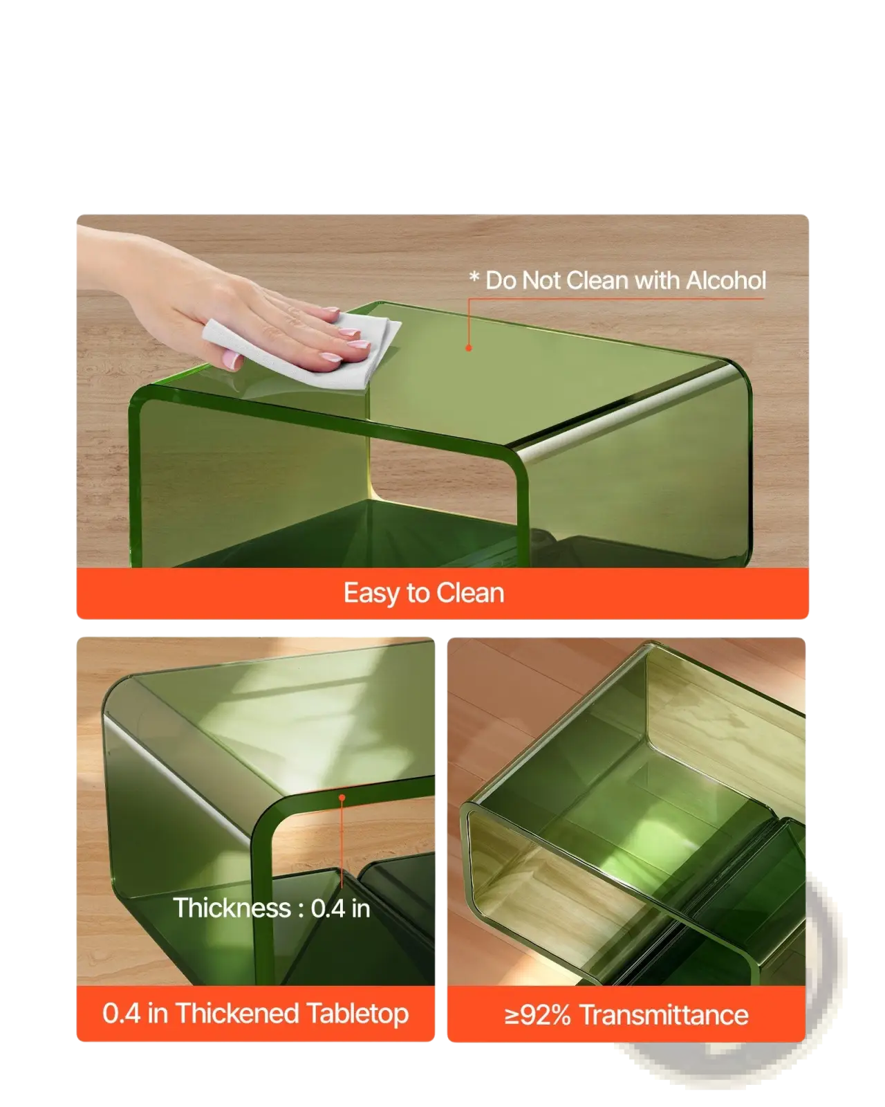 Green acrylic nightstand modern 2-tier side table with a sleek translucent geometric design and 0.4-inch thick tabletop