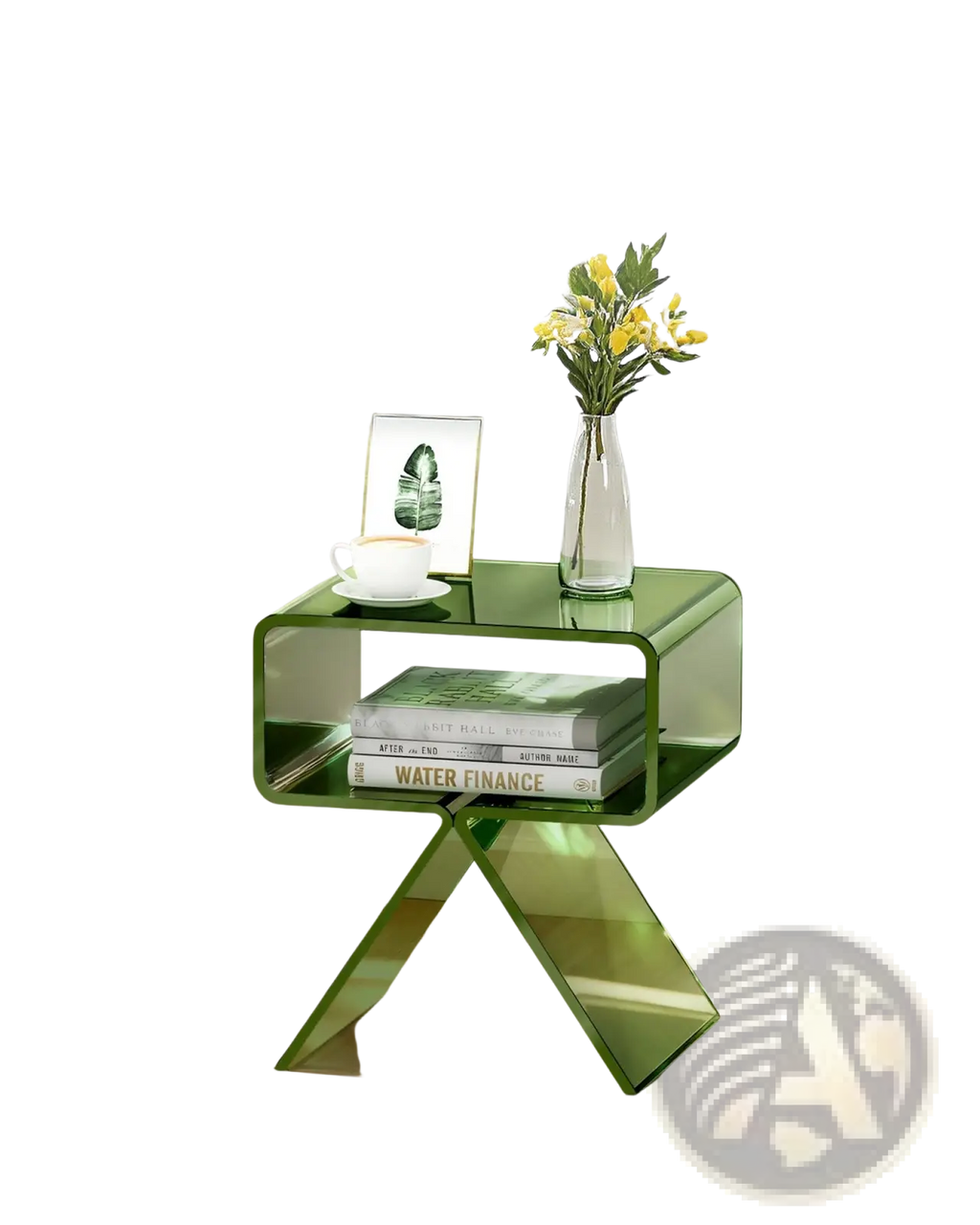 Transparent green acrylic nightstand with modern x shaped base and curved corners for stylish bedroom storage