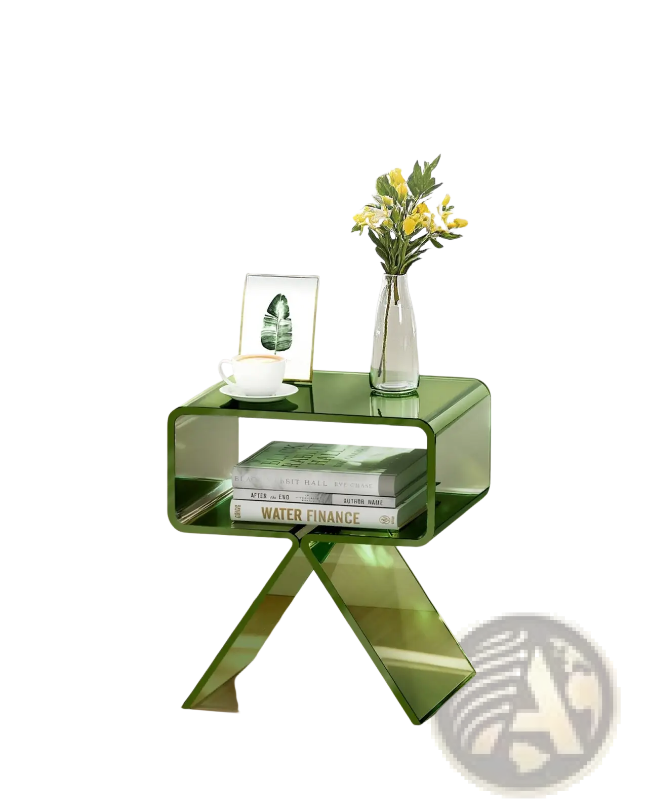 Transparent green acrylic nightstand with modern x shaped base and curved corners for stylish bedroom storage