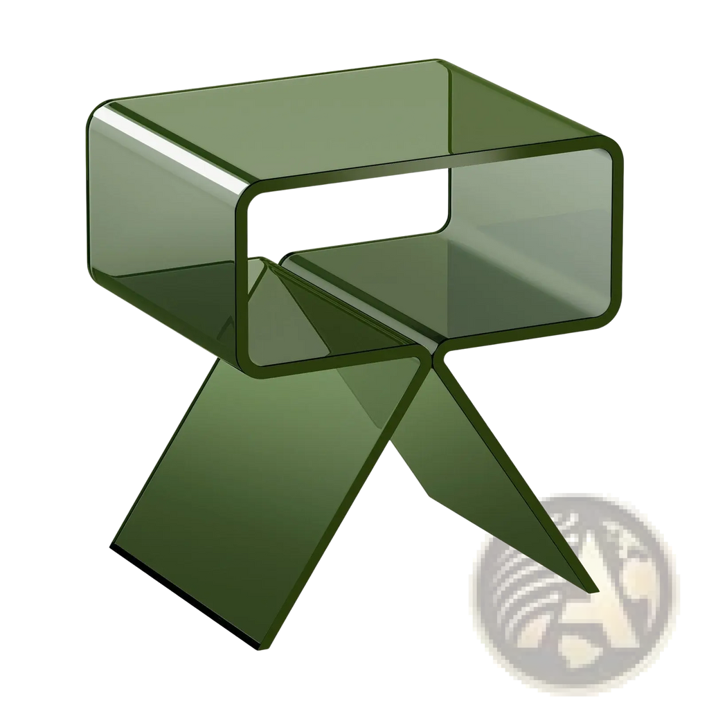 Olive-green translucent acrylic modern 2-tier side table with geometric design and x-shaped base for nightstand use