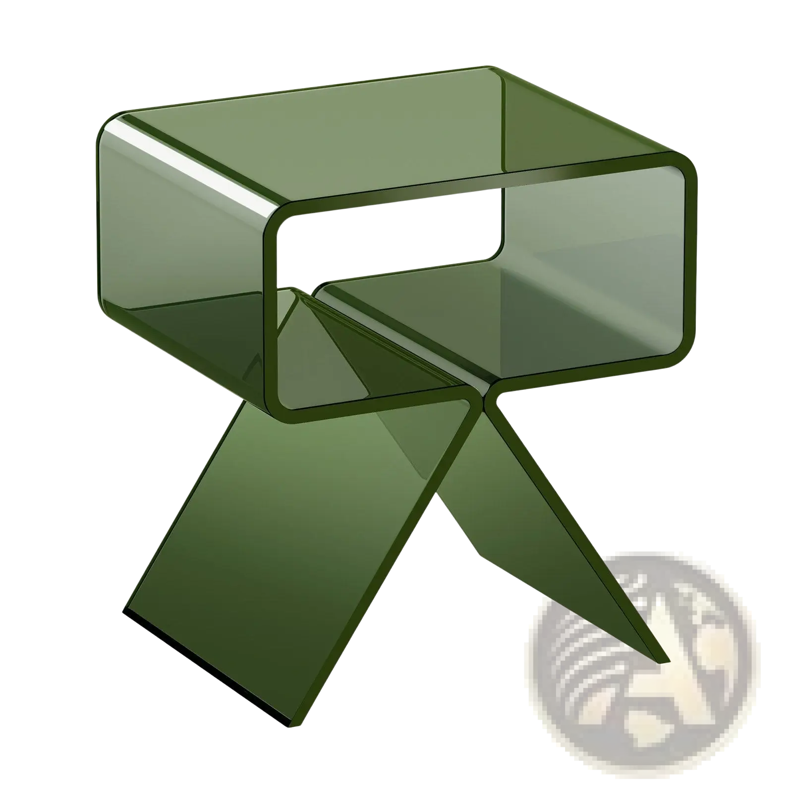 Olive-green translucent acrylic modern 2-tier side table with geometric design and x-shaped base for nightstand use
