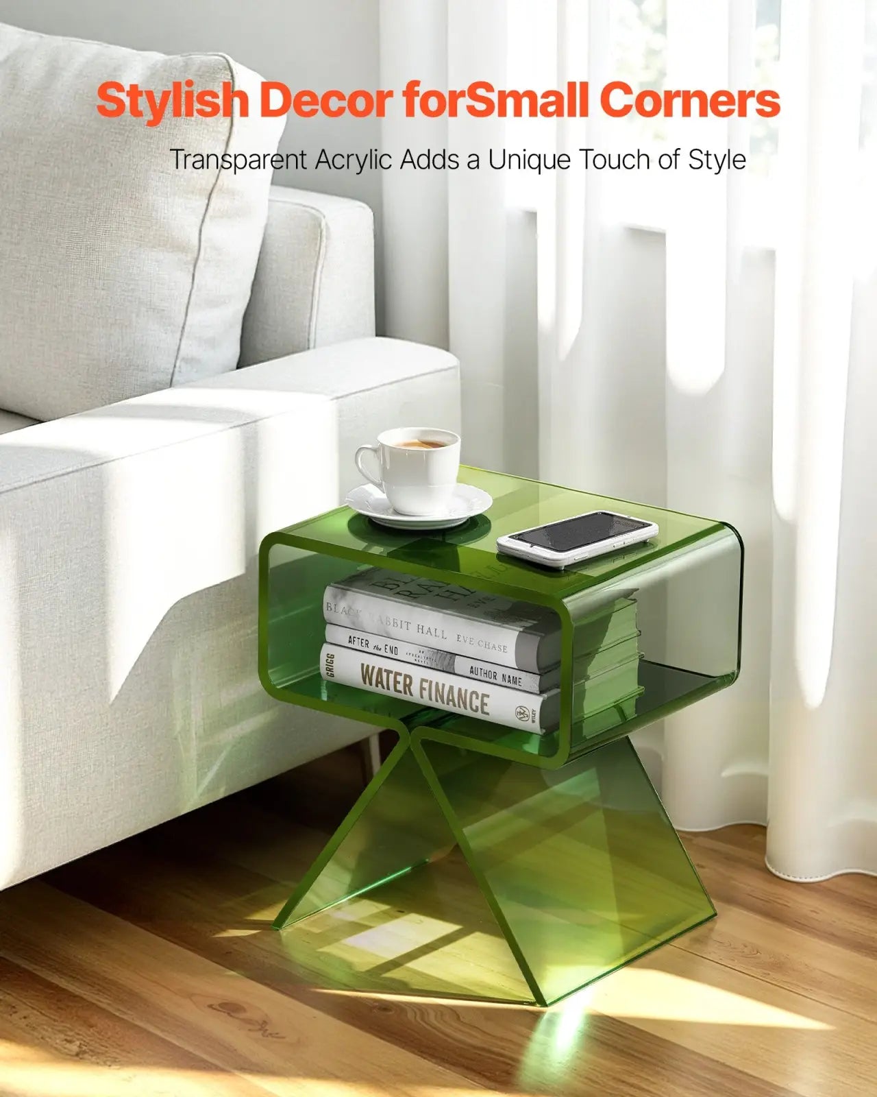 Green acrylic nightstand modern 2-tier side table with translucent lime green acrylic geometric design and open shelving