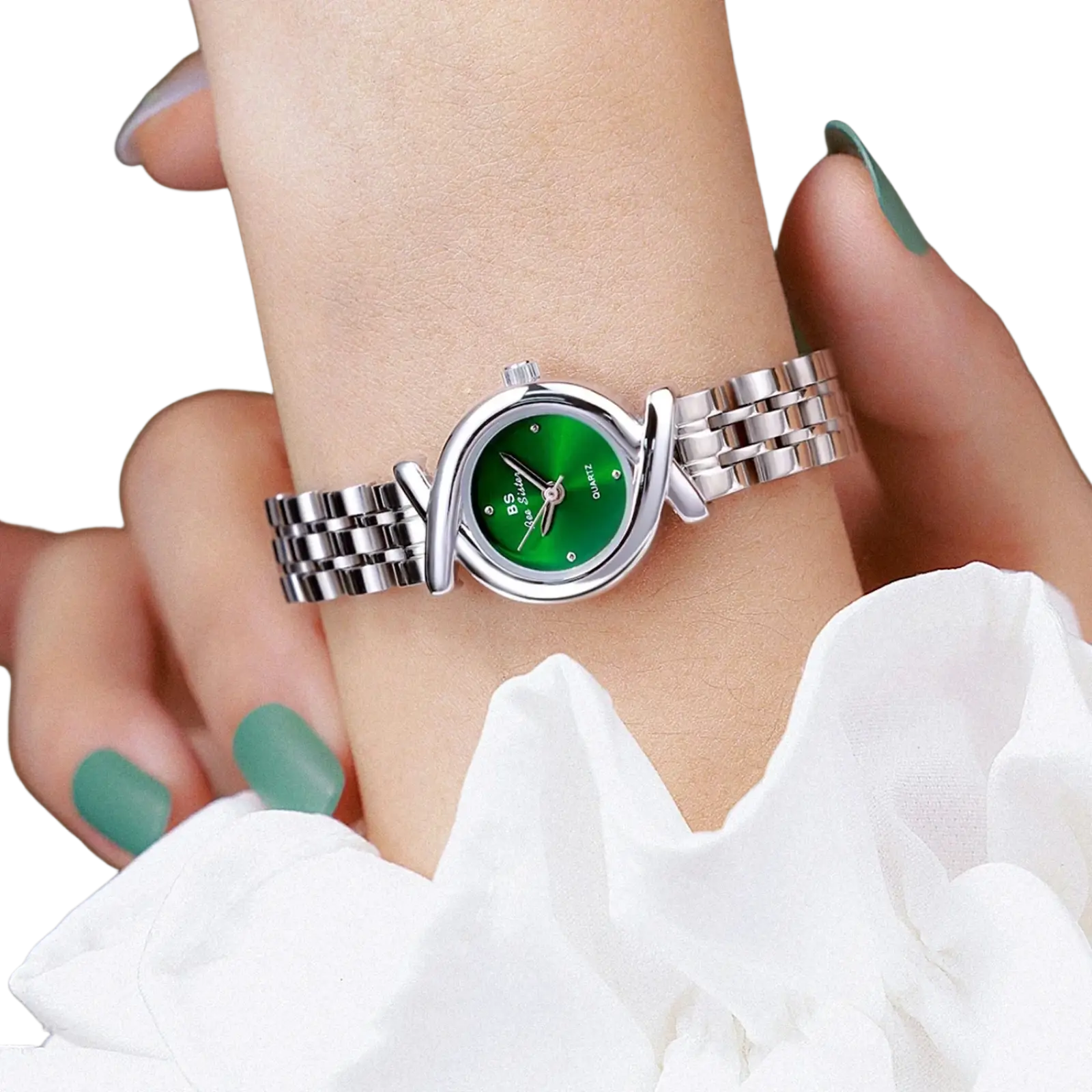 A sleek silver-toned green dial luxury stainless steel quartz women watch with minimalist hour markers and link bracelet