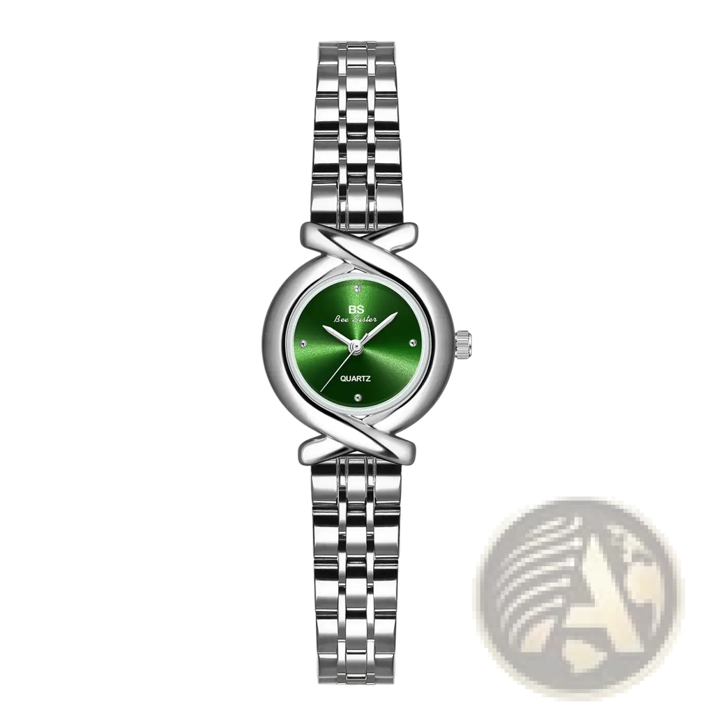 Silver-toned stainless steel women watch with vibrant green dial featuring bs blue sister brand name and quartz inscription