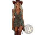 Green floral retro v neck smocked mini sundress with halter neck and asymmetrical hemline for casual wear
