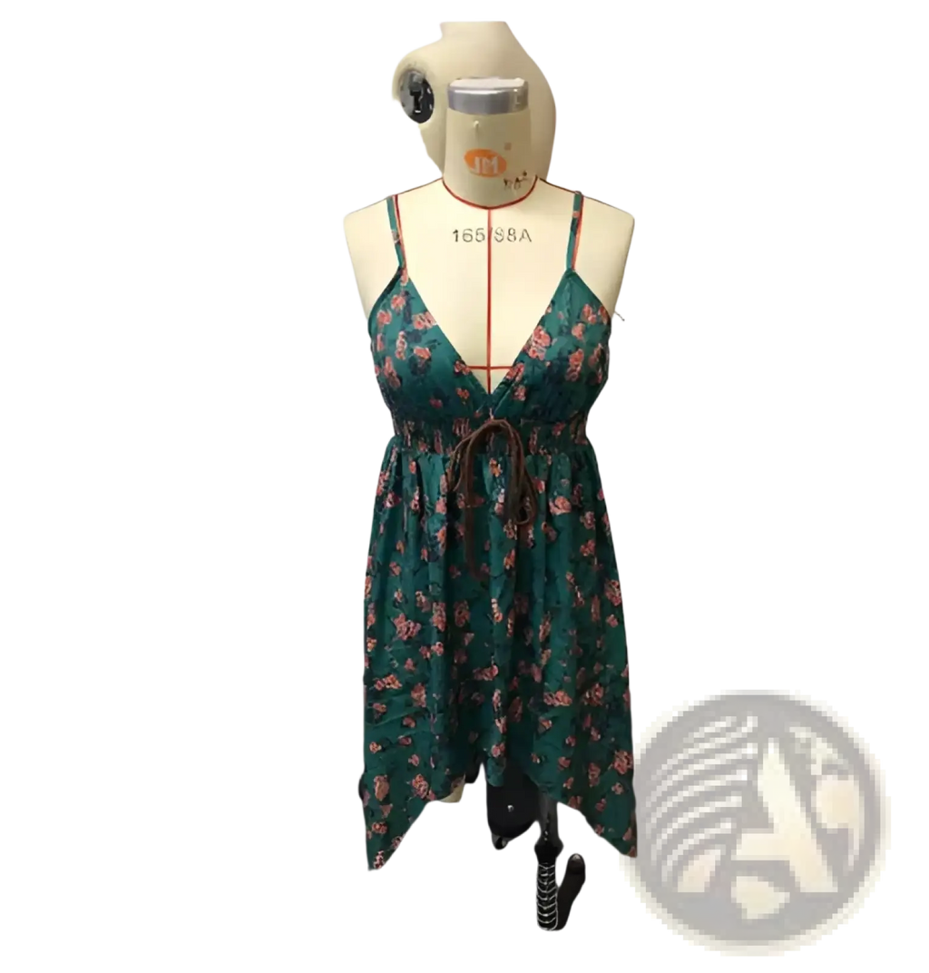 Green floral retro v neck smocked mini sundress with thin straps and a tied waistband for summer wear