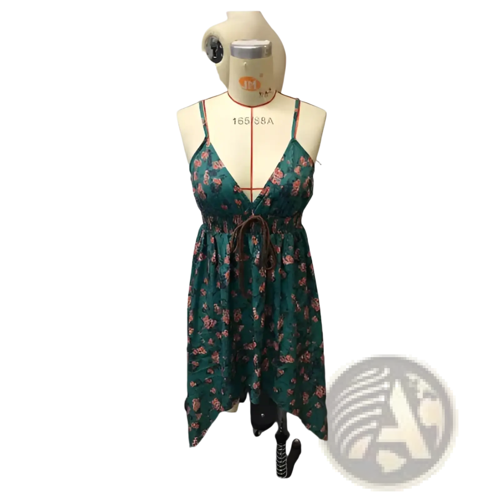 Green floral retro v neck smocked mini sundress with thin straps and a tied waistband, ideal for summer wear
