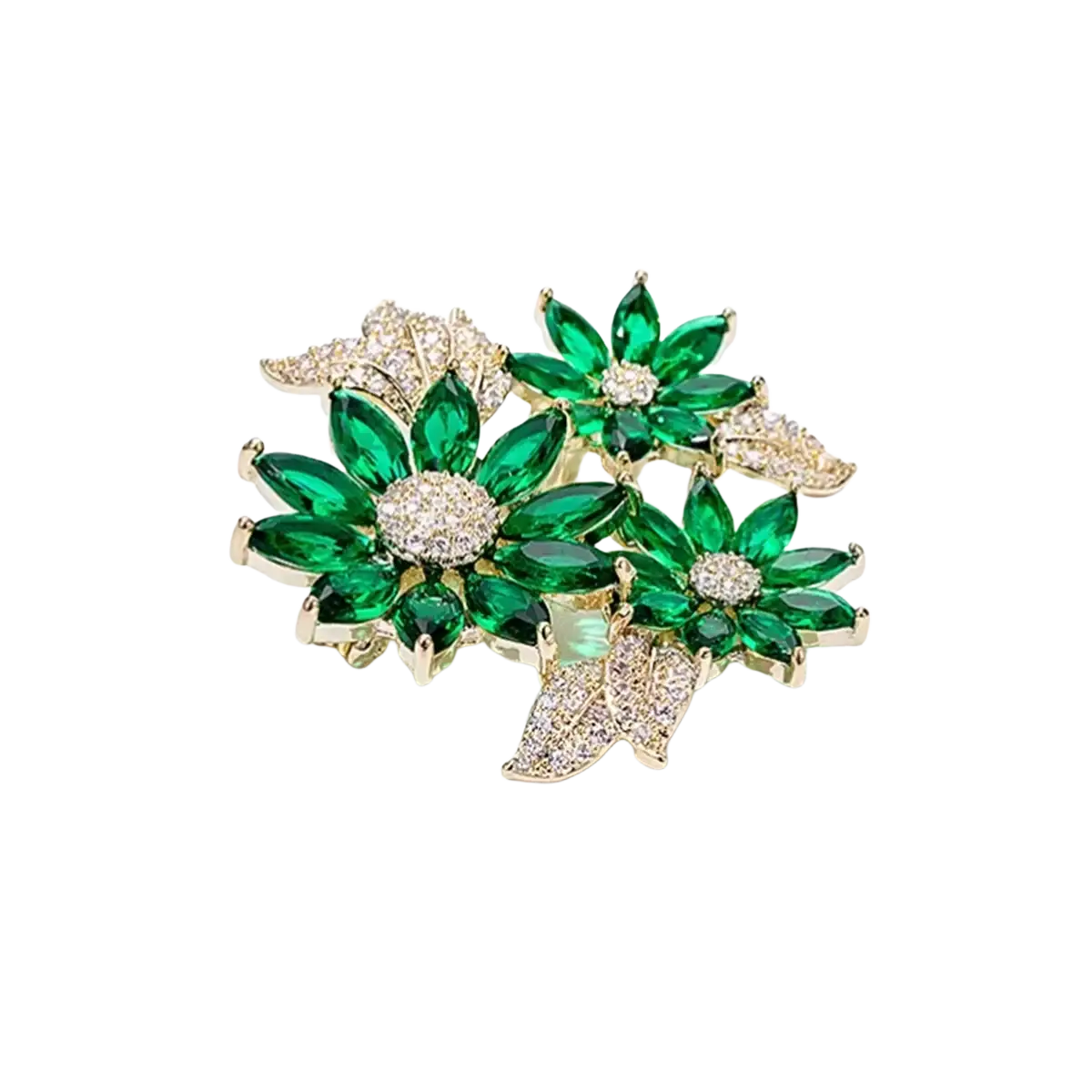 A green floral rhinestone brooch pin sparkling with green and gold tones featuring emerald-cut crystals and pave-set diamonds