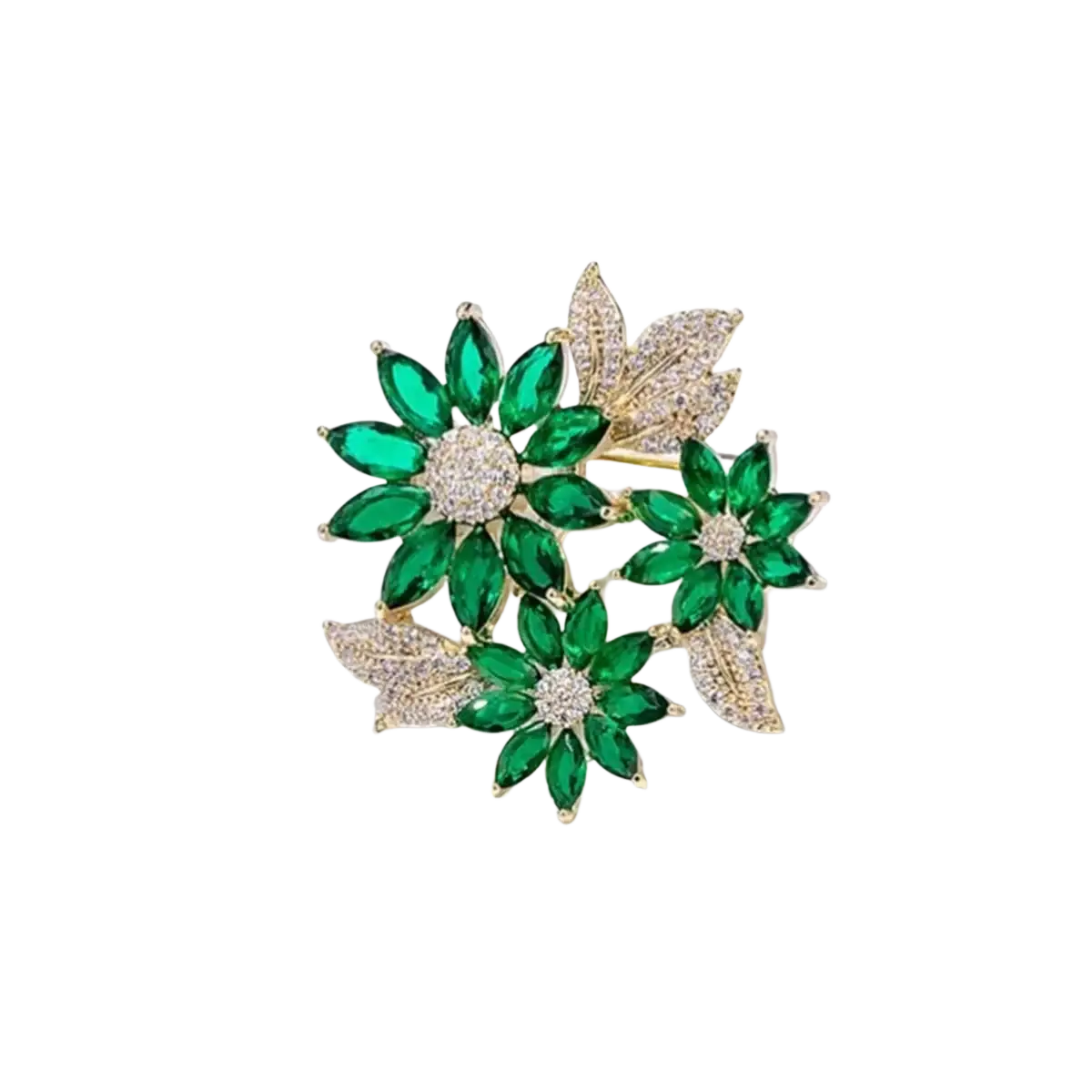 A green floral rhinestone brooch pin featuring three emerald green marquise stones and diamond encrusted leaves