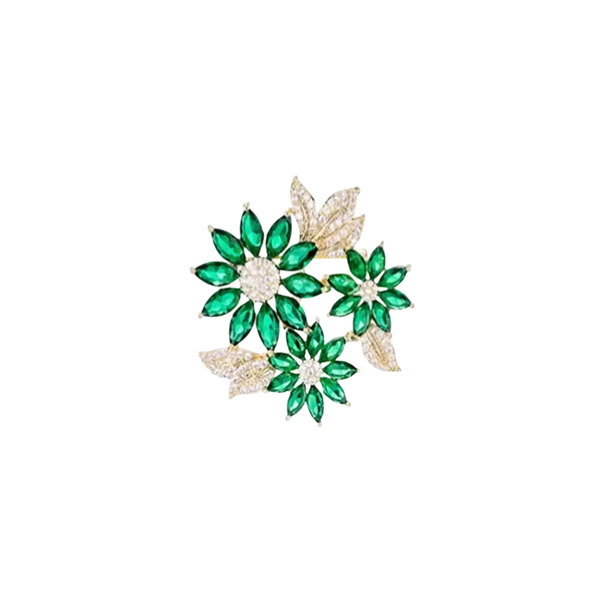Green floral rhinestone brooch pin with sparkling green and gold petals and a diamond-studded center with leaf accents