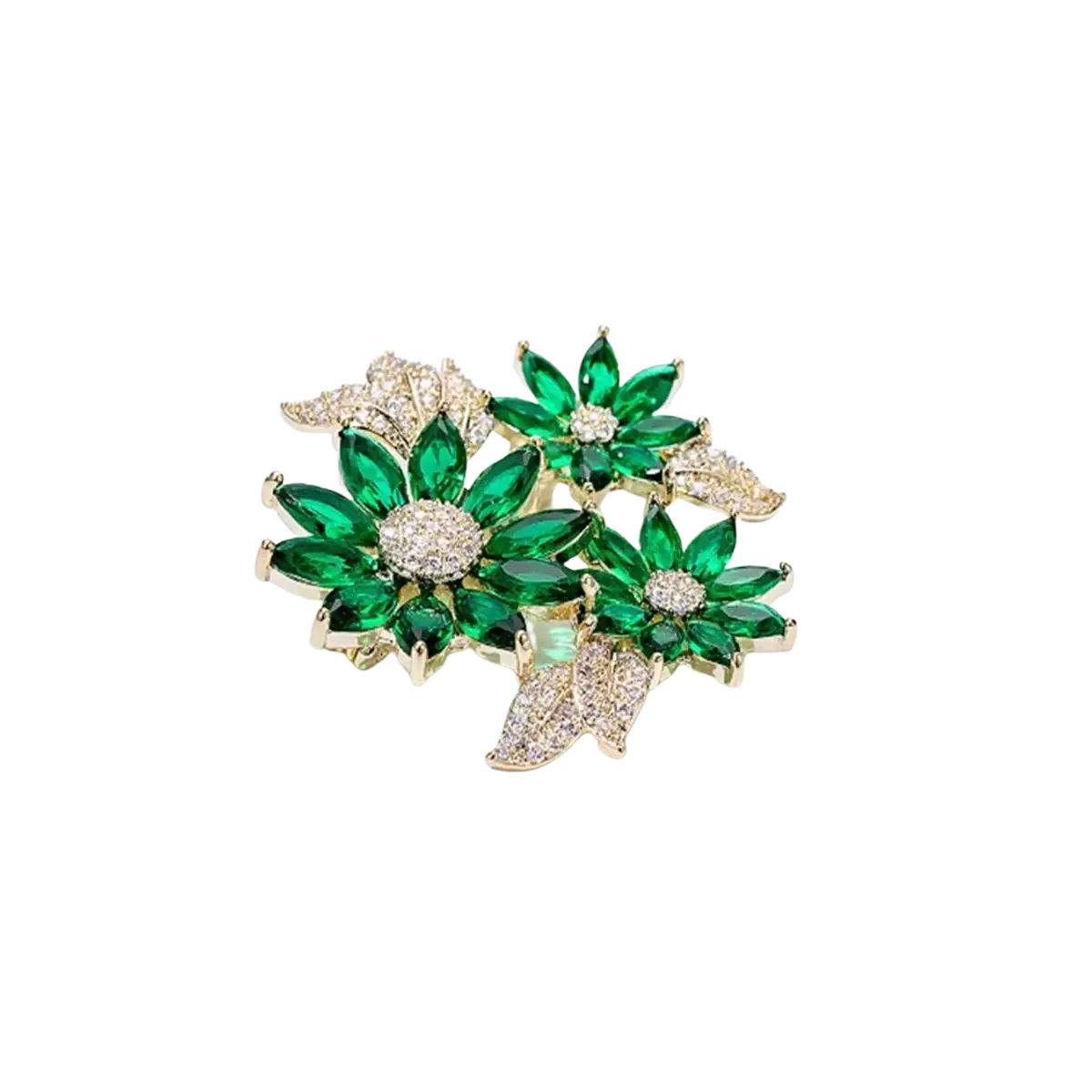 A sparkling green and gold floral rhinestone brooch pin with emerald-cut crystals and pave-set diamonds