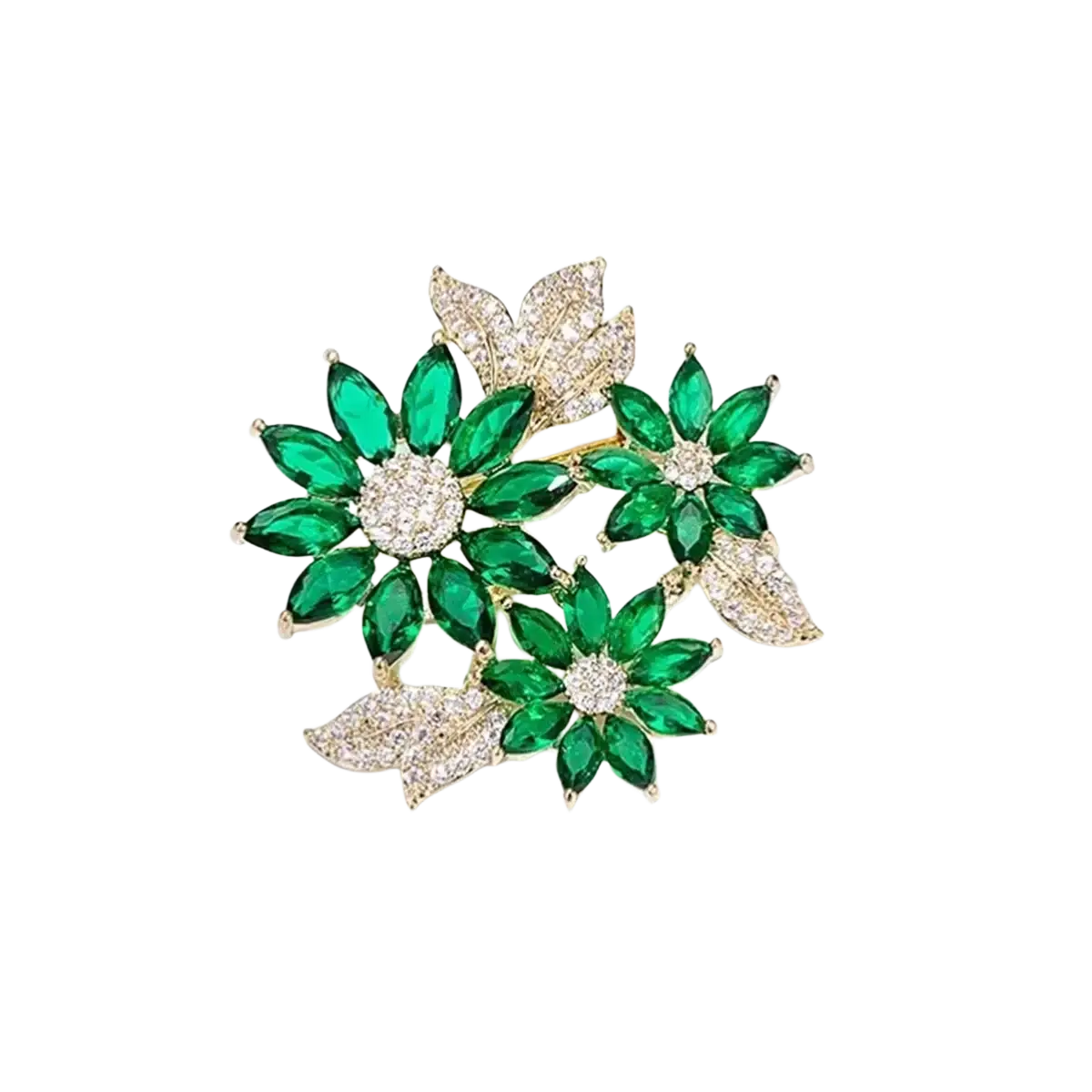 Green floral rhinestone brooch pin with sparkling emerald-cut gemstones and diamond-encrusted gold leaves