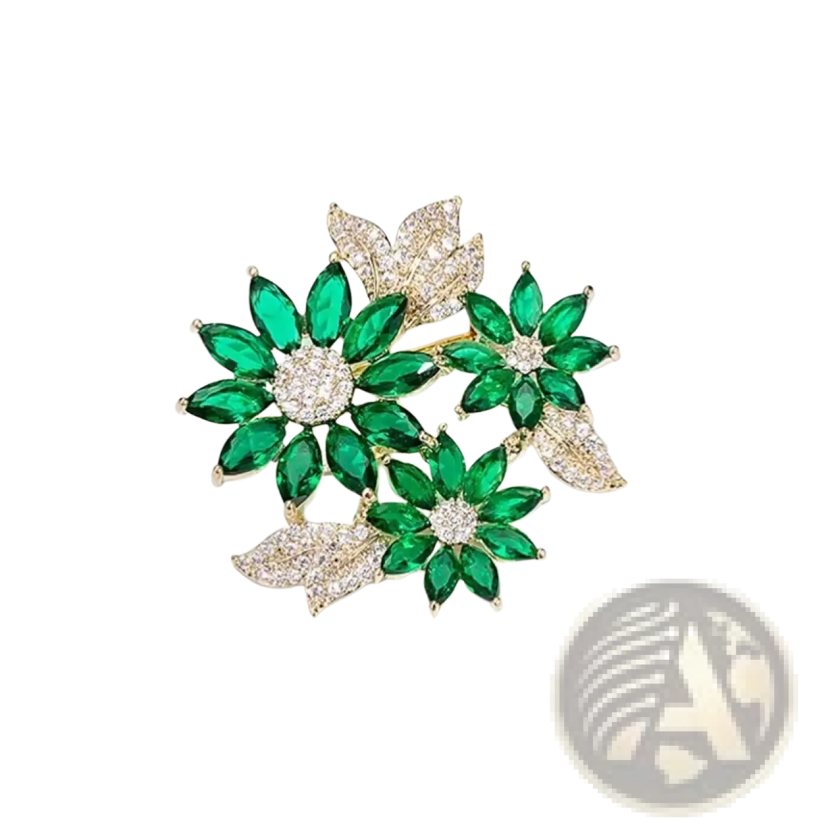 Green floral rhinestone brooch pin with sparkling emerald-cut gemstones and diamond-encrusted gold leaves