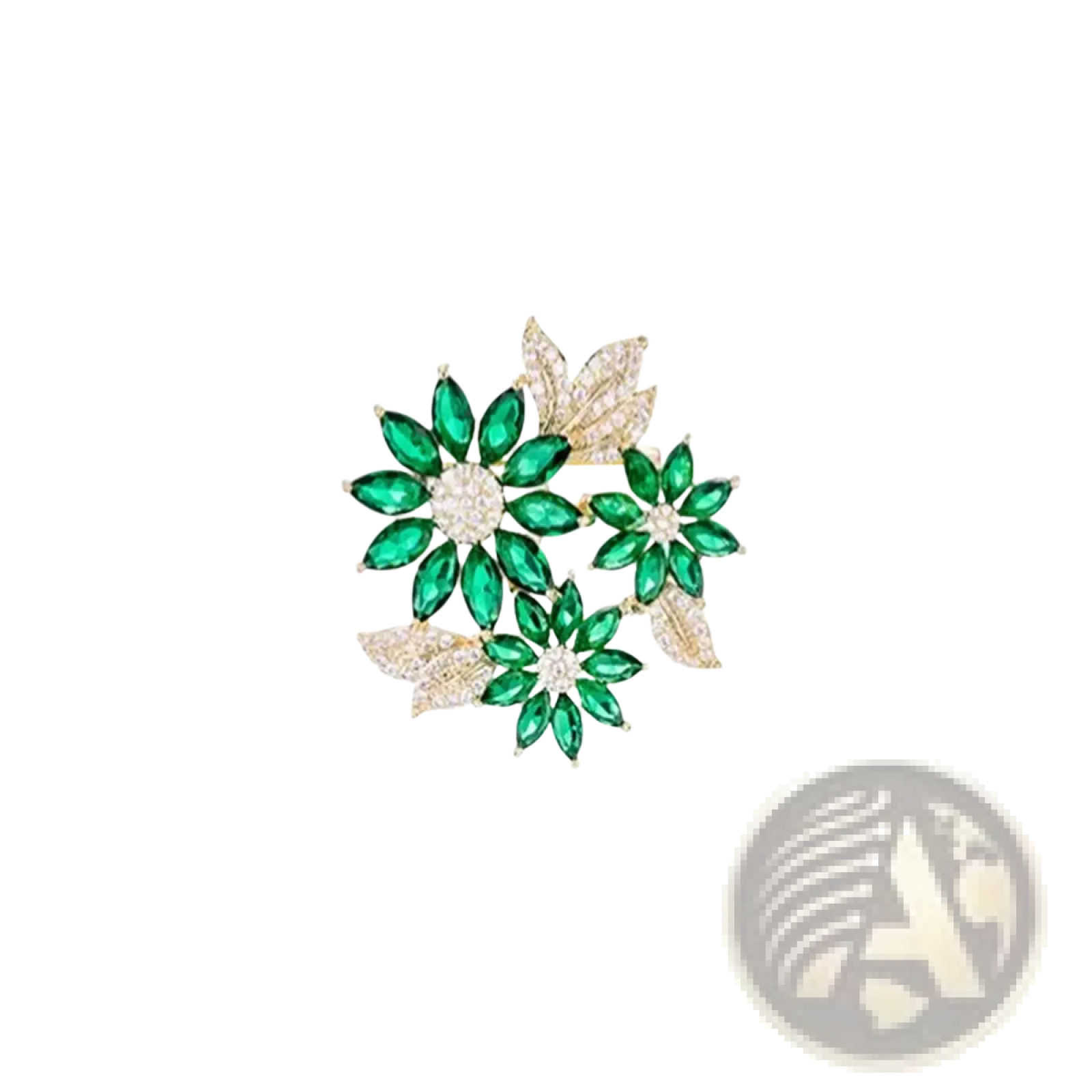 Green floral rhinestone brooch pin with sparkling green and gold petals and a diamond-studded center with leaf accents