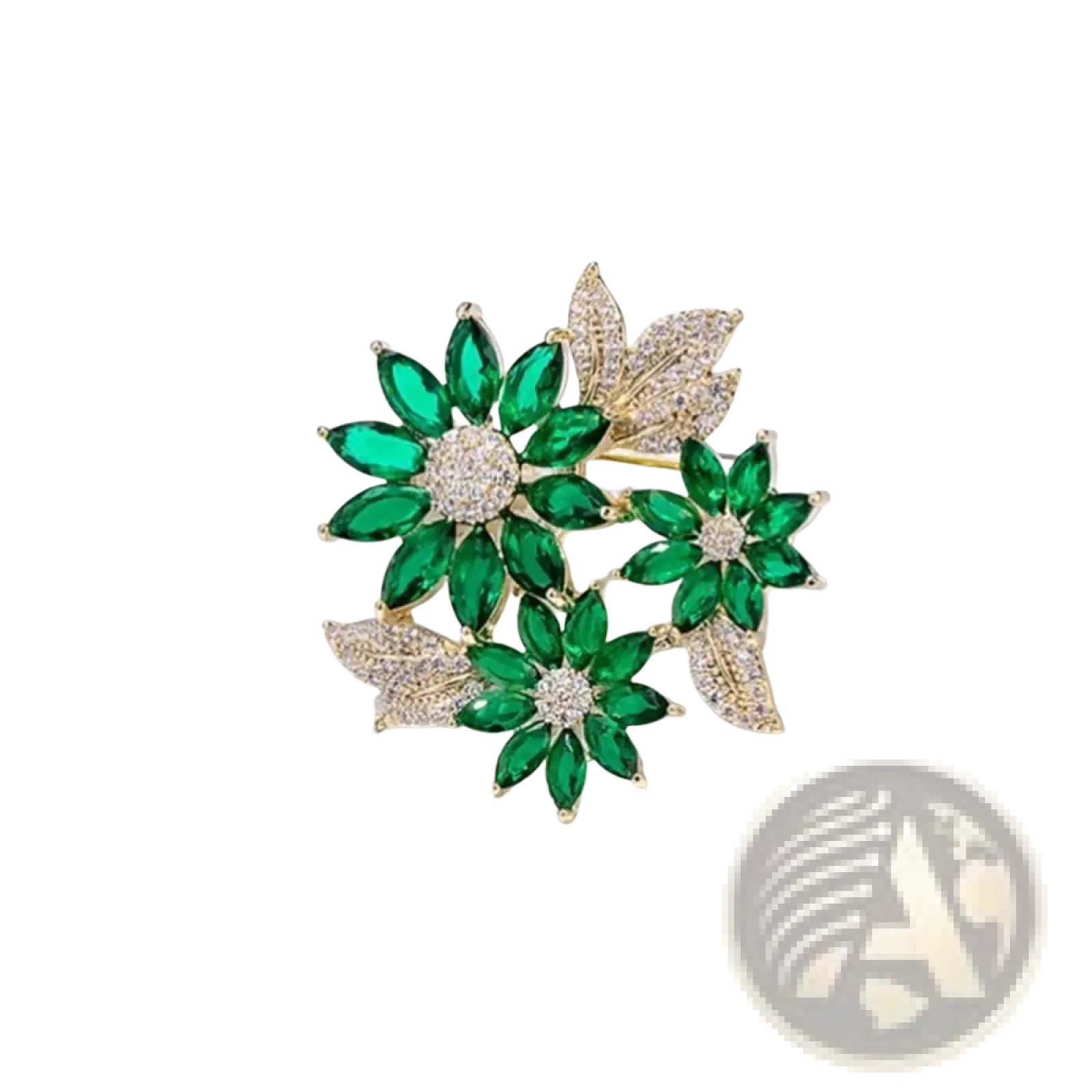 A green floral rhinestone brooch pin featuring three emerald green marquise stones and diamond encrusted leaves