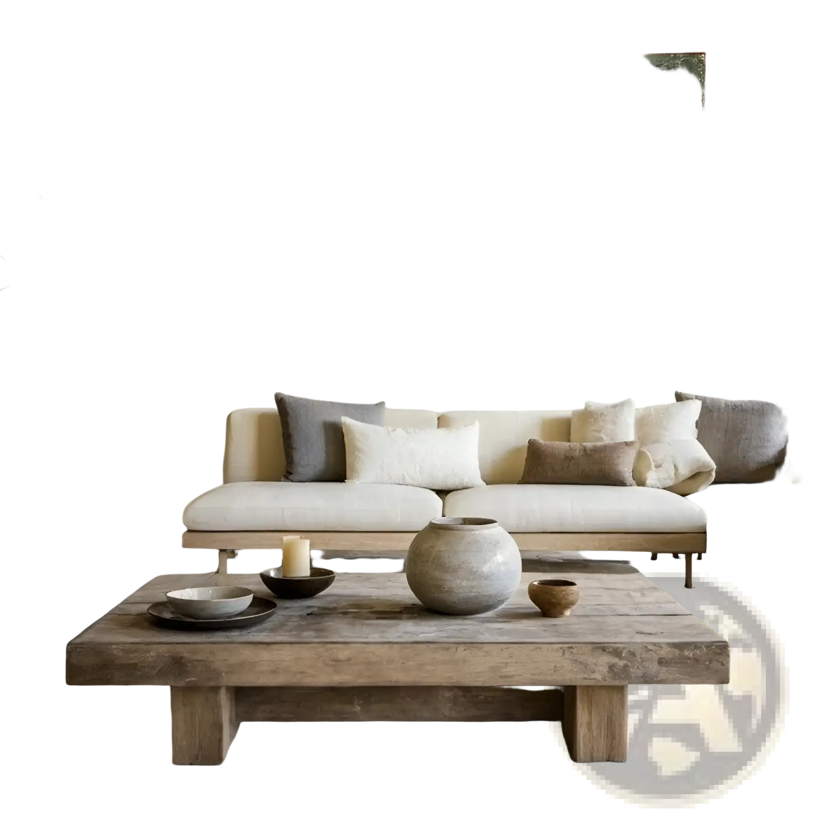 Green geometric abstract wabi-sabi canvas wall art featuring textured muted green and gray tones above a sofa