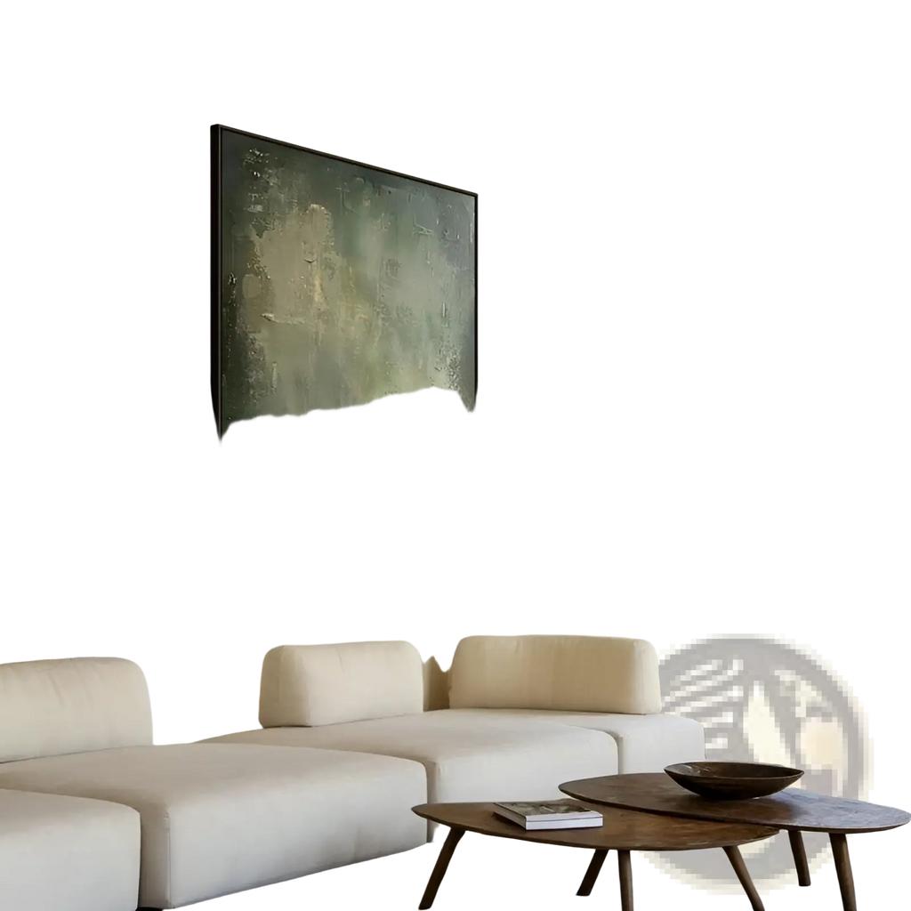 Green geometric abstract wabi-sabi canvas wall art with textured green and beige brushstrokes in a black frame