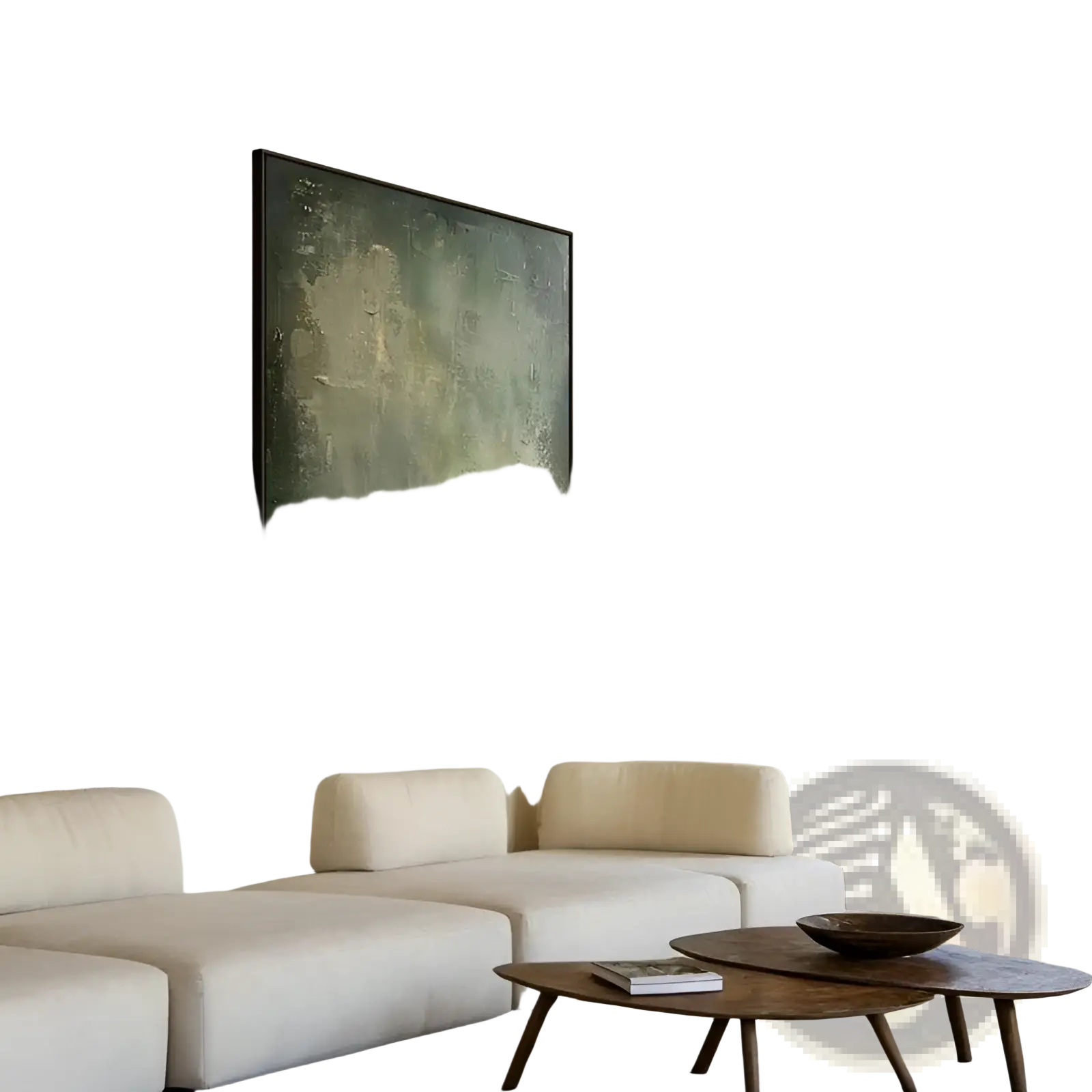Green geometric abstract wabi-sabi canvas wall art with textured green and beige brushstrokes in a black frame