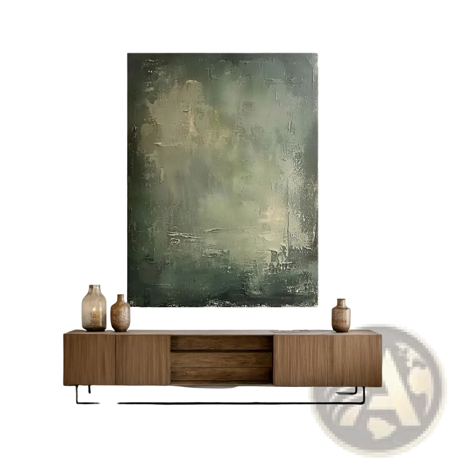 Green geometric abstract wabi-sabi canvas wall art with textured layered green and beige tones above wooden console table