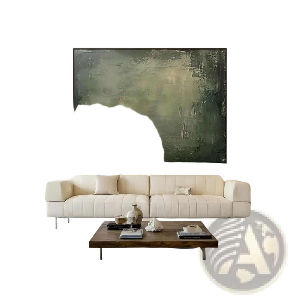 A large green geometric abstract wabi-sabi canvas wall art with textured muted green and beige tones hanging on wall