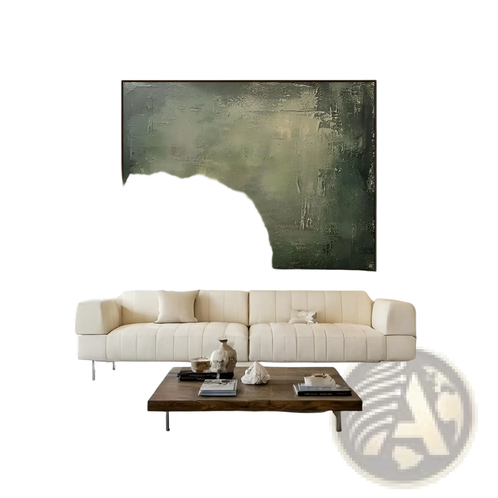 A large green geometric abstract wabi-sabi canvas wall art with textured muted green and beige tones hanging on wall
