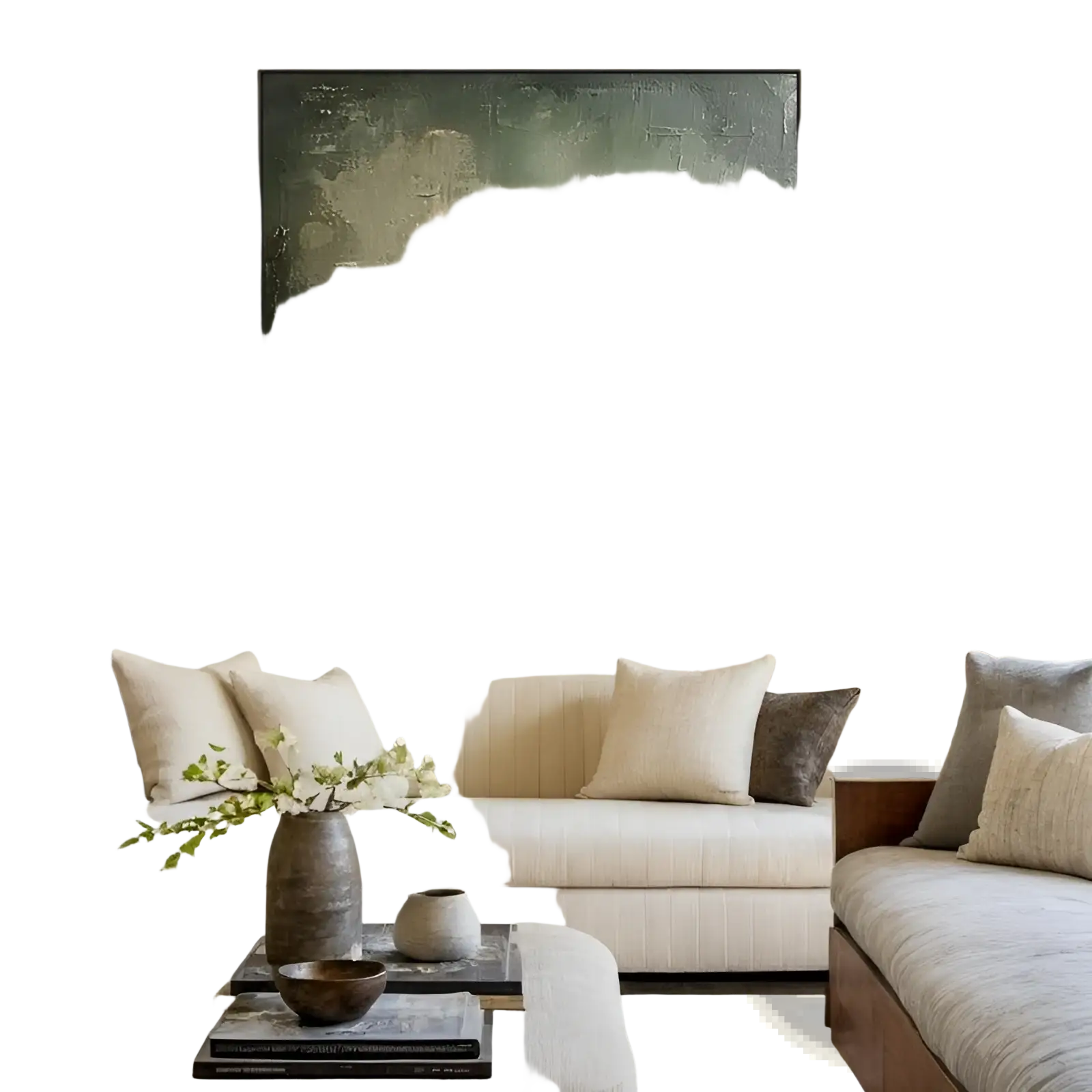 Green geometric abstract wabi-sabi canvas wall art with textured layered green and gray tones hangs above a sofa