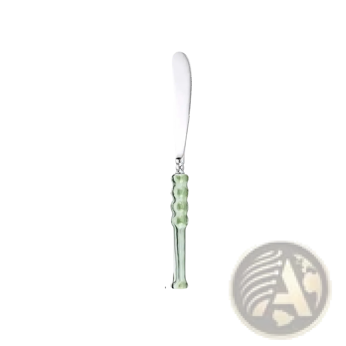 A sleek stainless steel butter knife with a polished blade and light green glass handle from the cutlery set